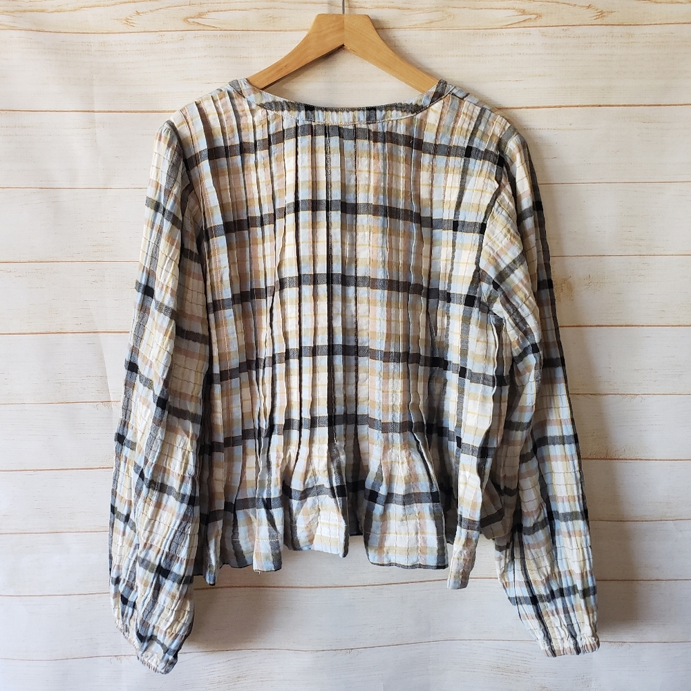 Pilcro Long Sleeve Pleated Plaid Relaxed Swing Blouse Size XL Cotton Elastane - Picture 12 of 15